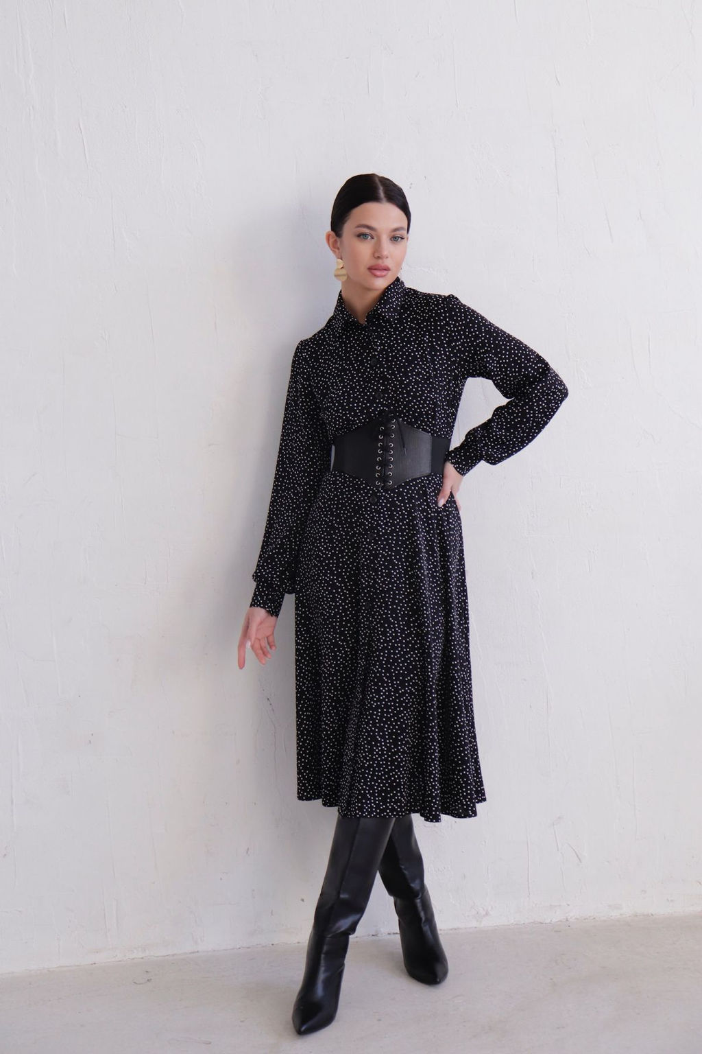 11511 Платье-рубашка чёрное в горошек - Martichelli фото 4