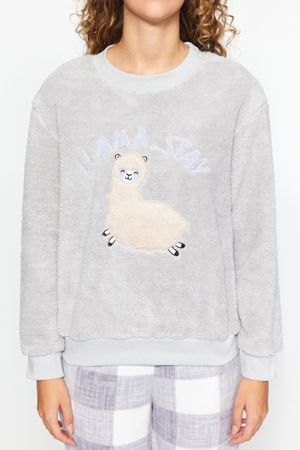 Trendyolmilla Gri Wellsoft Lama Desenli K?sl?k Orme Pijama Tak?m? THMAW24PT00029