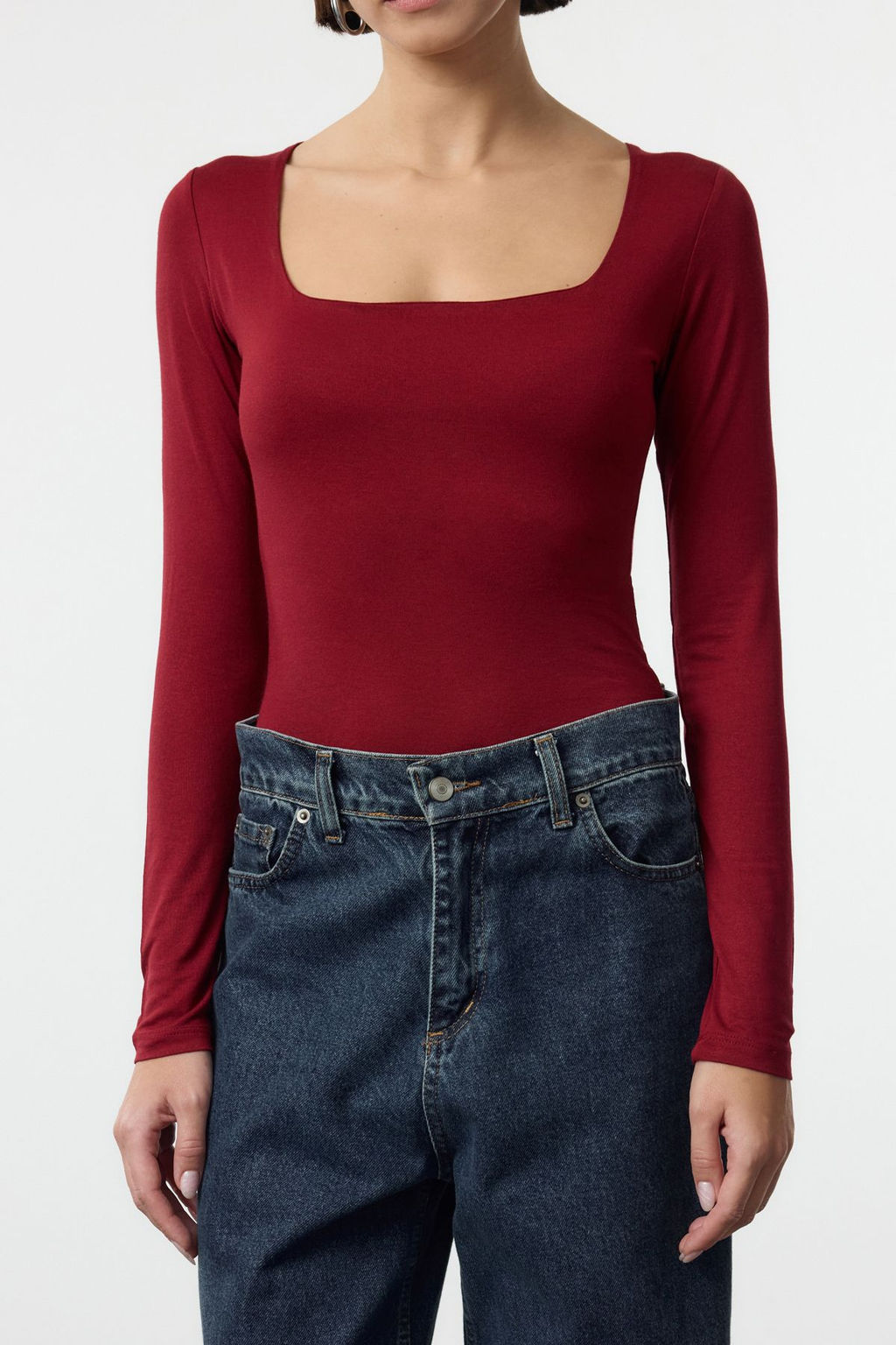 Bordo Fitted/Vucuda Oturan Kare Yaka Alttan C?tc?tl? Premium Orme Body TWOAW24BD00062