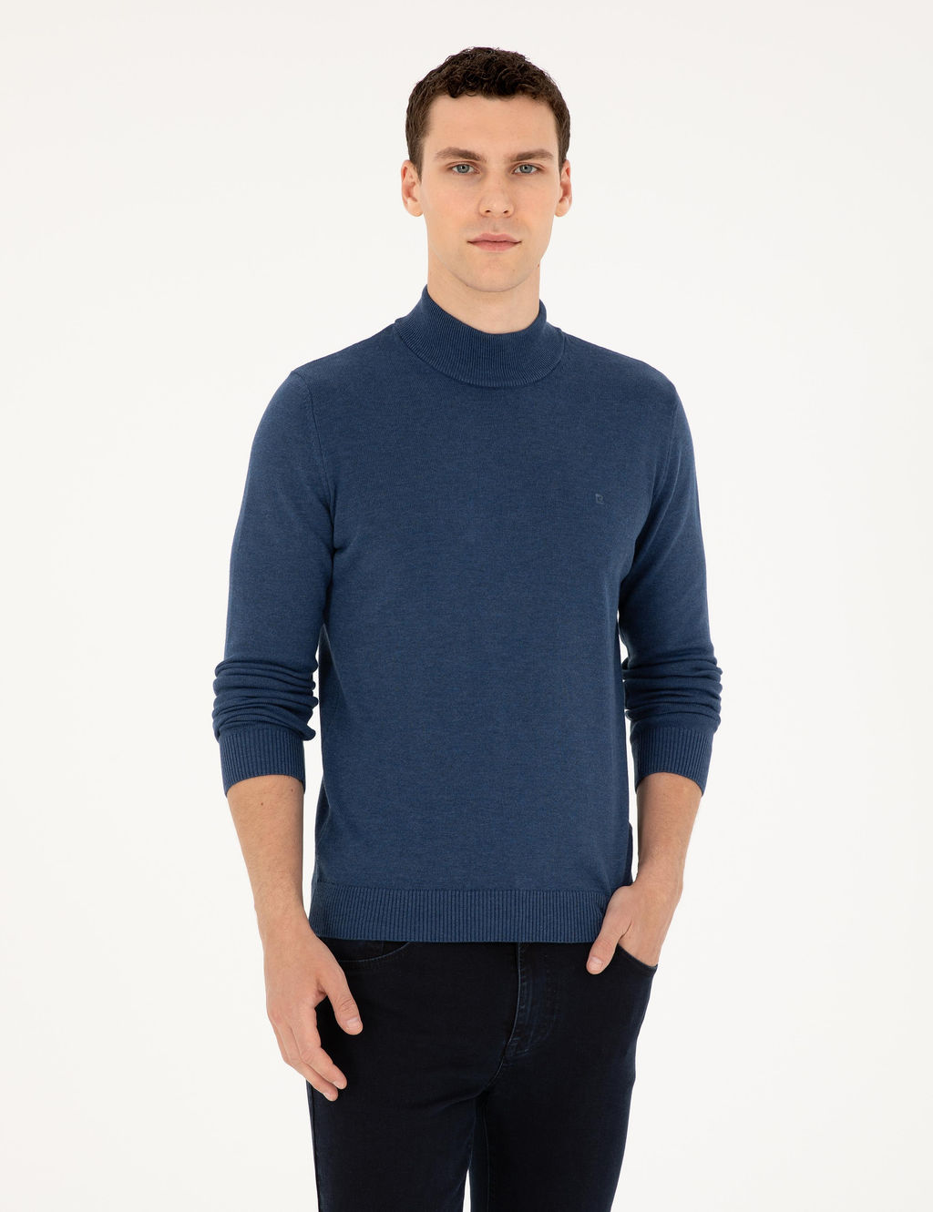 _ndigo Melanj Slim Fit Yar_m Bal_k__ Yaka Basic Triko Kazak