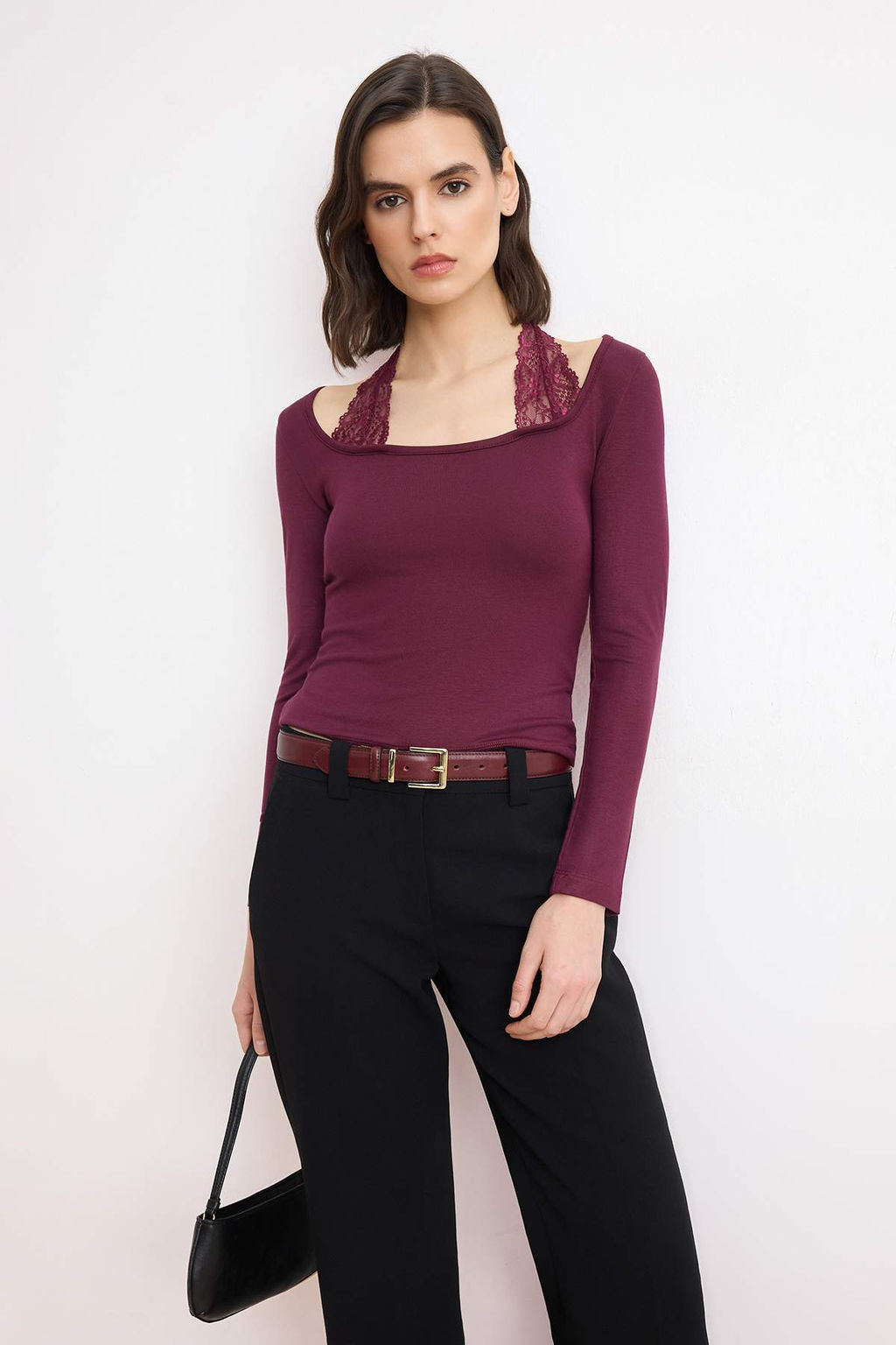 Bordo Fitted/Vucuda Oturan Havuz Yaka Uzun Kollu Yumusak Orme Bluz TWOSS26BZ00660