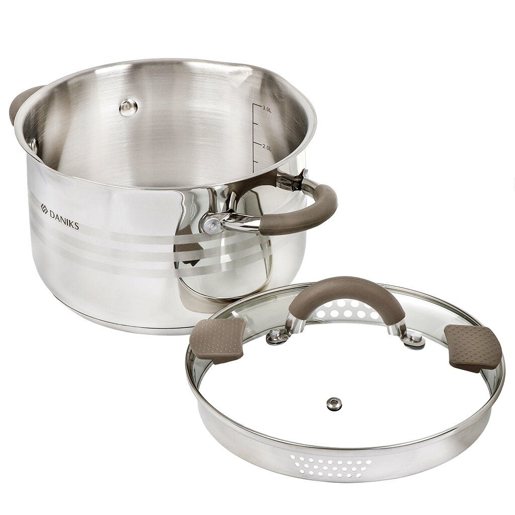 Кастрюля нержавеющая сталь, 3.9 л, с крышкой, крышка стекло, Daniks, Нара, GS-01413HY-20CA-2, серебр  фото 4
