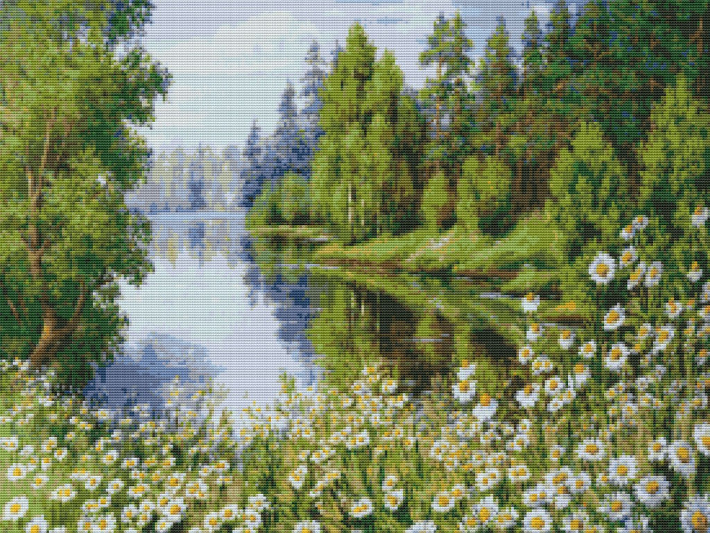 Вышивка крестиком 40х50см, Ромашки у реки