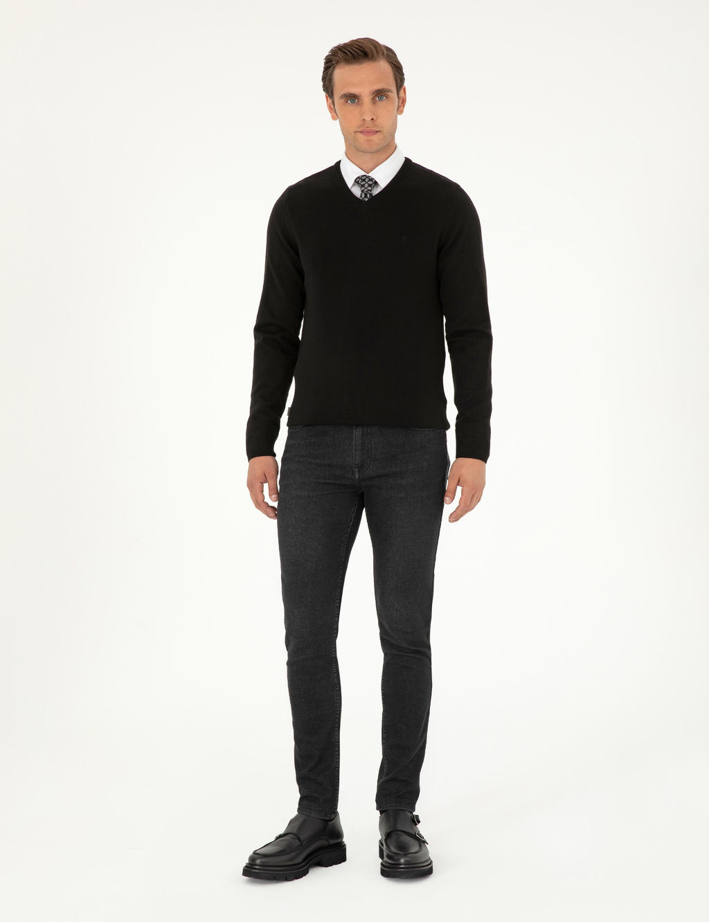Siyah Slim Fit V Yaka Basic Triko Kazak - Pierre cardin фото 4