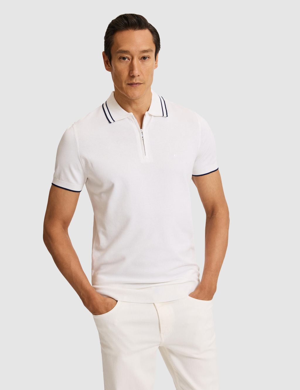 Beyaz Slim Fit Fermuarl_ Polo Yaka Triko T-shirt