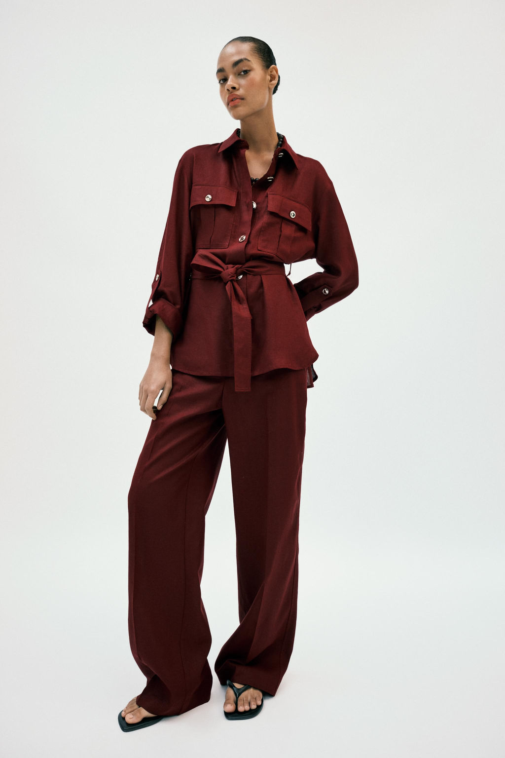 PANTAL?N RECTO CON LINO / Burgundy - Zara фото 4