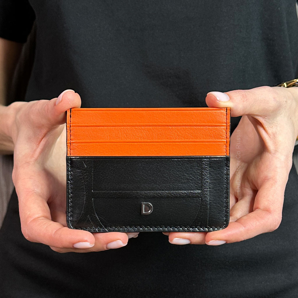 Итальянский кожаный кардхолдер DuDu серии Svalbard | черно-оранжевый - Dudubags фото 3