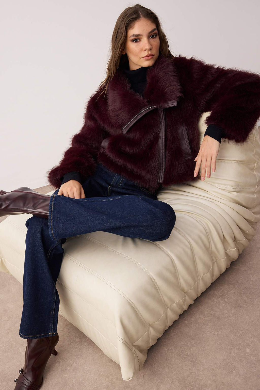 Bordo Oversize Kal?p Kurk Biker Ceket Mont TWOAW26MO00058