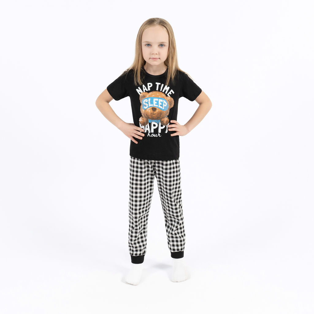 Пижама детская черная клетка принт мишка