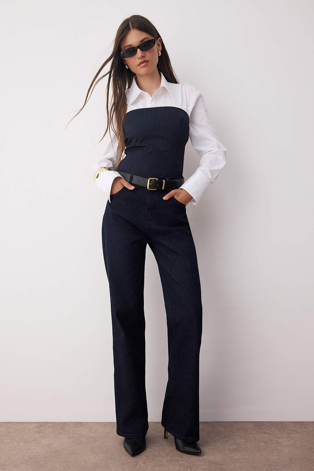 Koyu Mavi Cizgi Detayl? Yuksek Bel Wide Leg Jeans TWOAW26JE00101