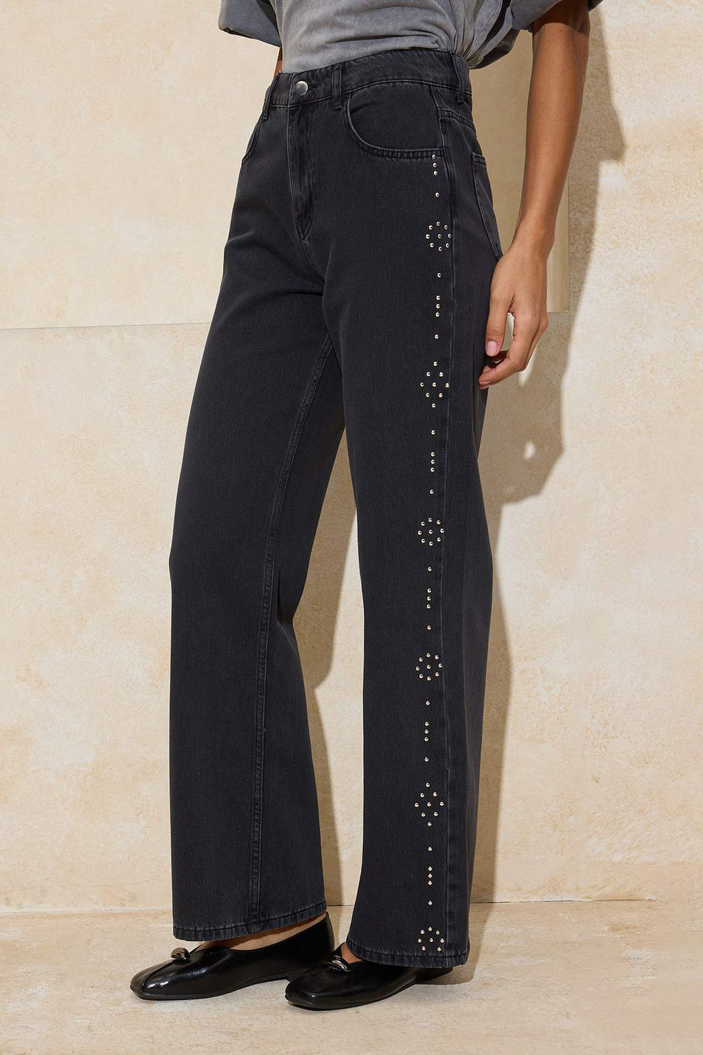 Siyah Yuksek Bel Tasl? Genis Paca Wide Leg Jeans TWOSS26JE00073 - Trendyolmilla фото 3