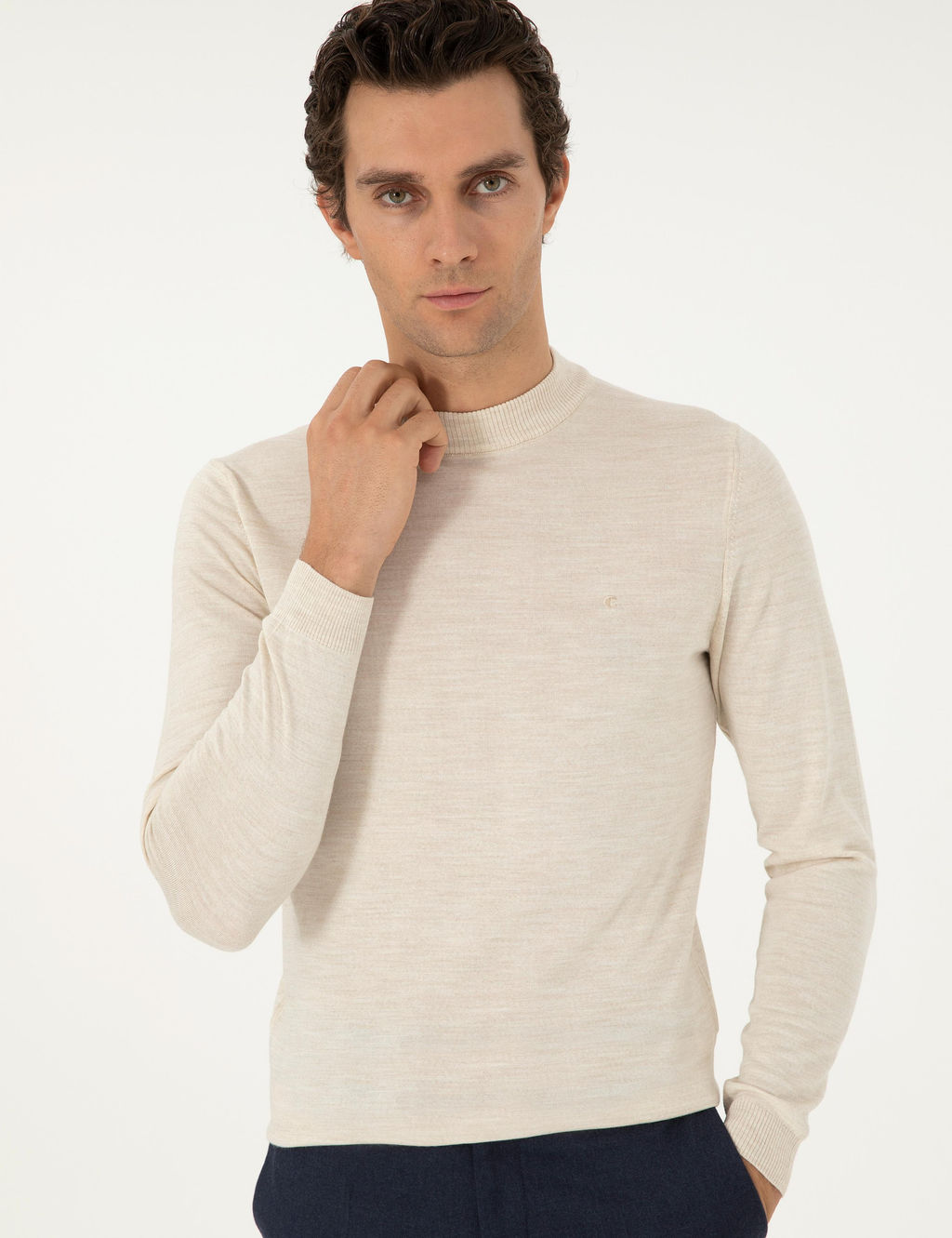 Bej Slim Fit Y_n Kar___ml_ _eyrek Bal_k__ Yaka Basic Triko Kazak