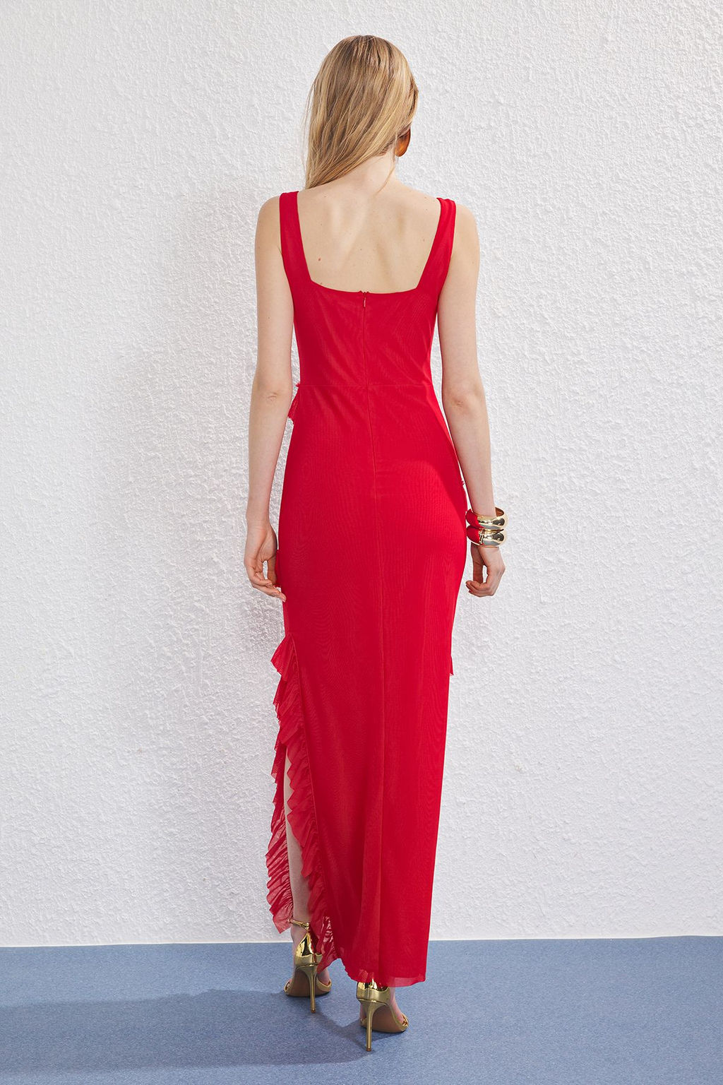 K?rm?z? F?rf?r Detayl? Tul Astarl? Maxi Abiye Gece Mezuniyet Elbisesi TPRSS25AE00174
