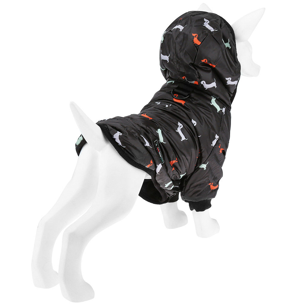 Пэт тойс (Pet toys) Одежда для собаки Куртка с капюшоном, с метал. кольцом, с принтом, на кнопках, р-р S, длина спинки 18см/обхват груди 30см/обхват шеи 26см, цвет-черный, плащевка/синтепон/флис (100% полиэстер) (Китай) - Домашняя Мода фото 3