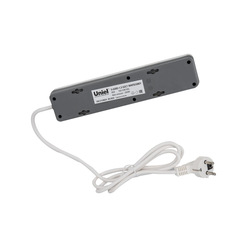 S-GSR3-1,5 U2C1 WHITE/GREY Сетевой фильтр серии Standard, шнур 1,5м (Пвс 3х0,75), 3 гнезда, с/з, 2USB+1TYPE C, 10A, 2500Вт. Белый/серый. TM Uniel