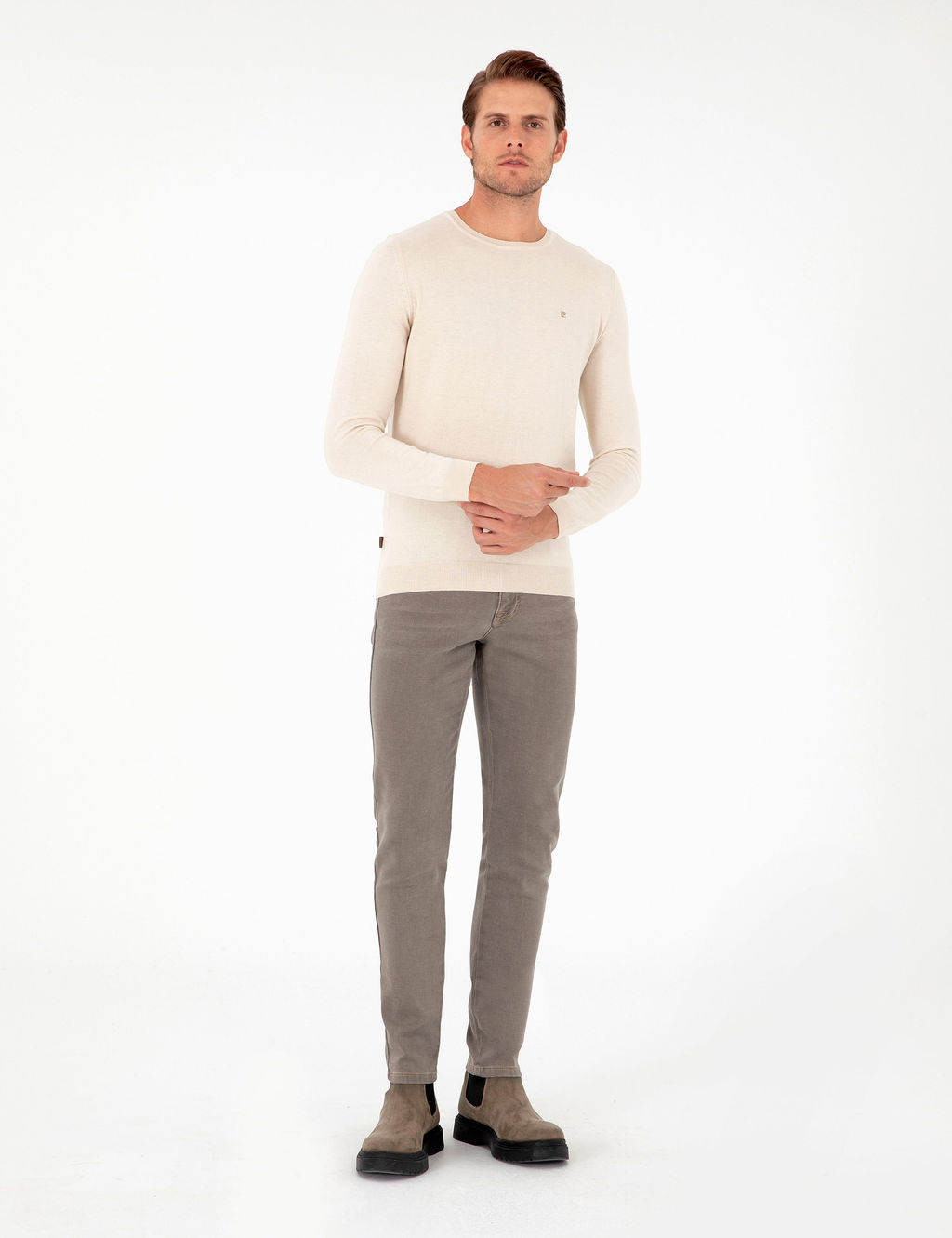 Bej Slim Fit Bisiklet Yaka Basic Triko Kazak - Pierre cardin фото 4