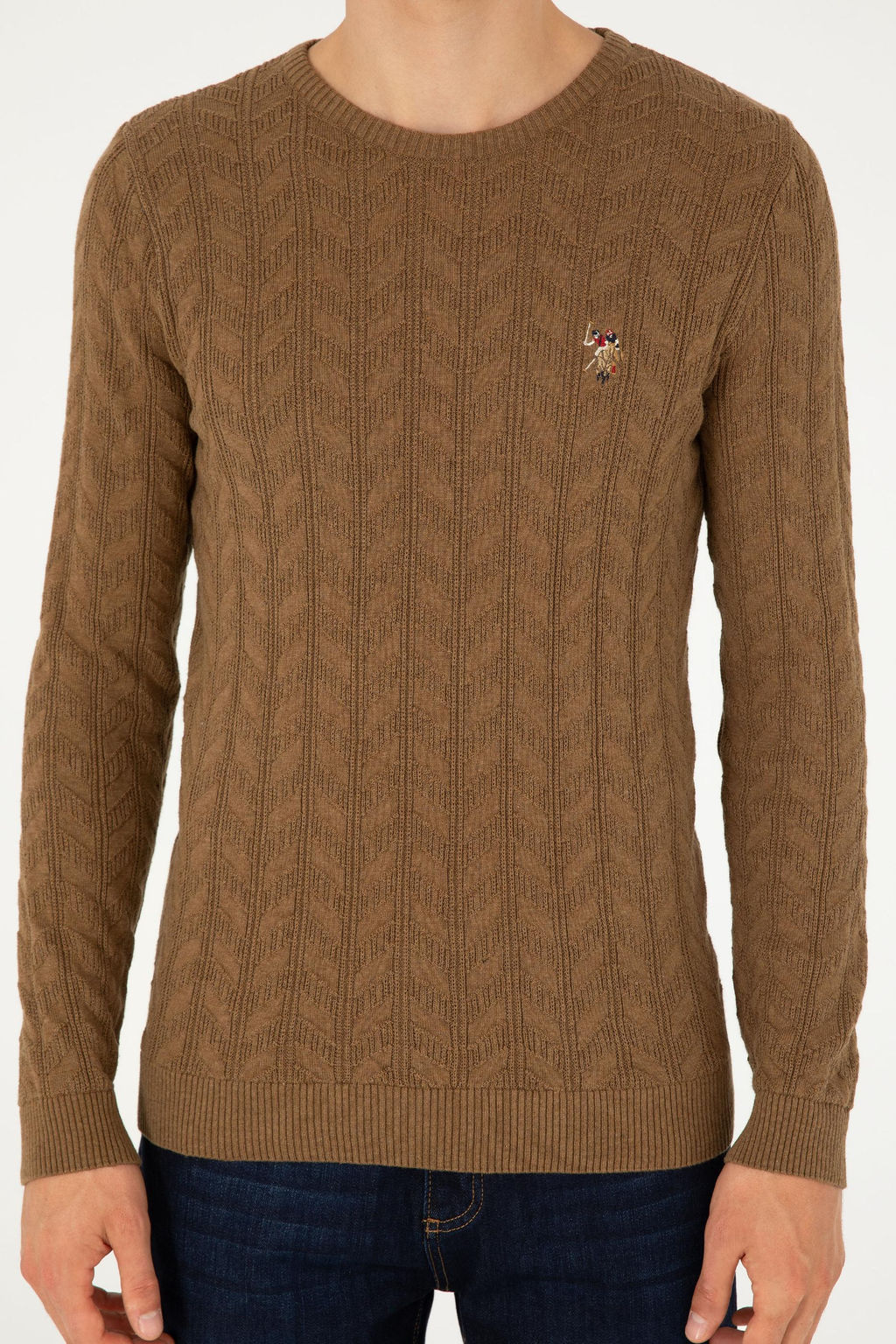Erkek Slim Fit Bisiklet Yaka Haki Melanj Basic Kazak