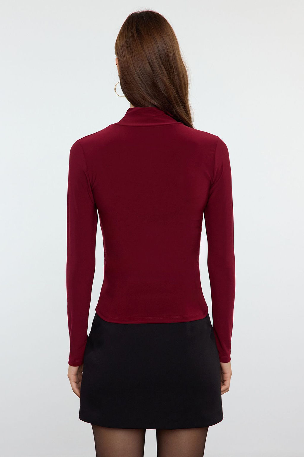 Bordo Fitted/Vucuda Oturan Uzun Kollu Dik Yaka Fitilli Esnek Orme Bluz TWOAW25BZ00078