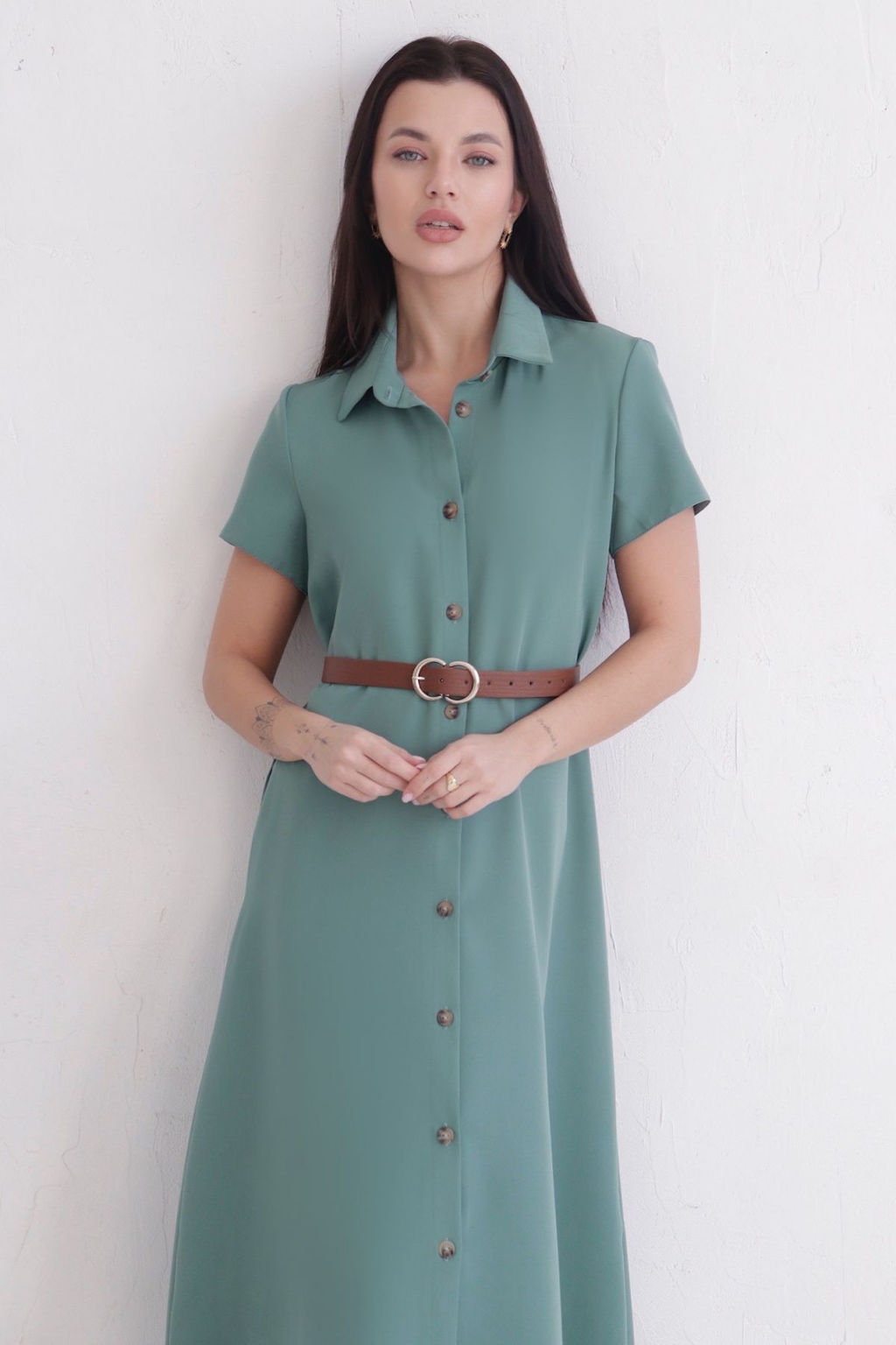 Платье-рубашка удлинённое в пыльном зелёном - Martichelli фото 2