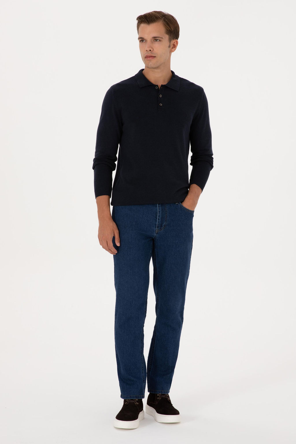 Erkek Slim Fit Polo Yaka Lacivert Basic Kazak
