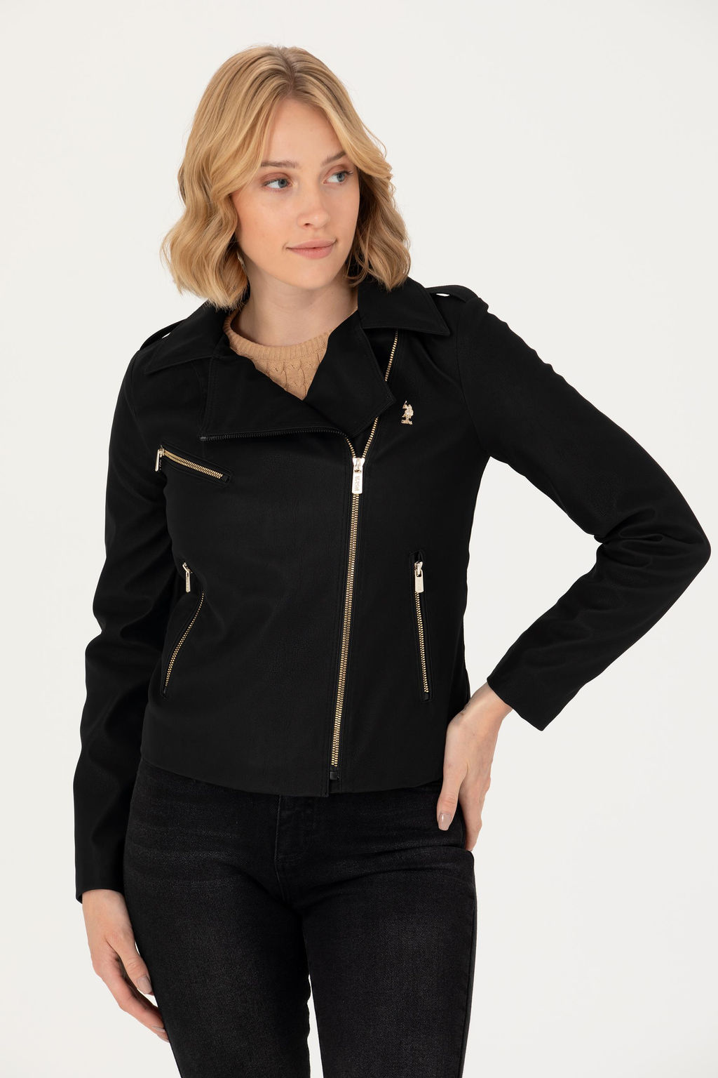 Женская черная кожаная куртка - U.s. polo assn фото 10