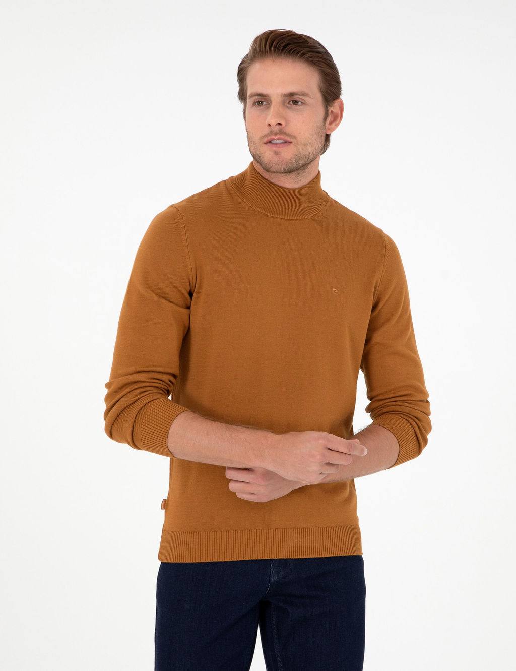 Kahverengi Slim Fit Yar_m Bal_k__ Yaka Basic Triko Kazak