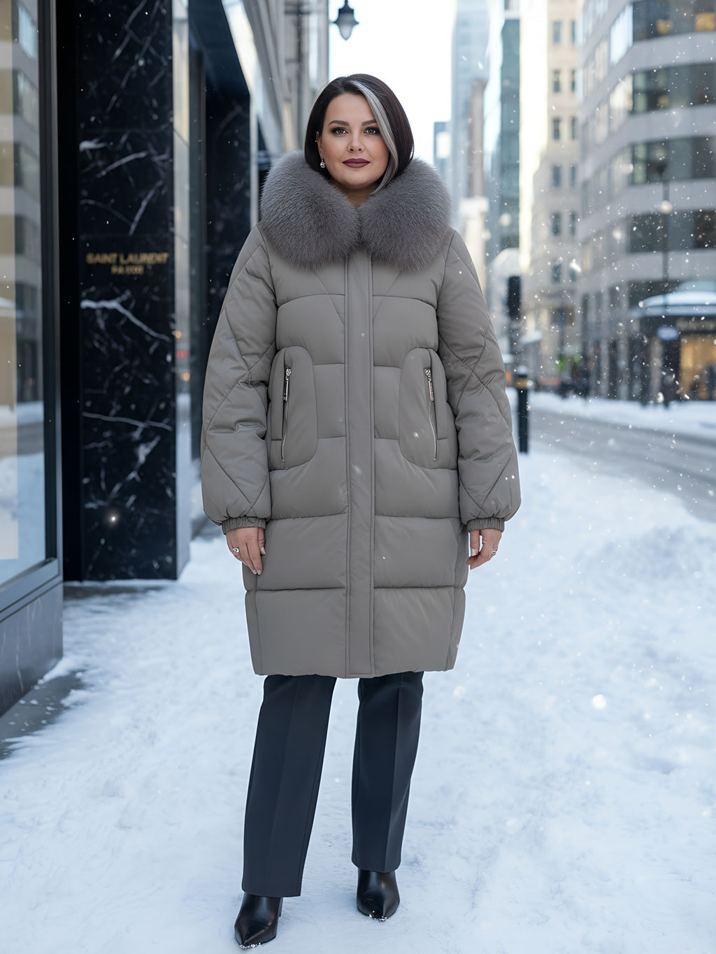 Пальто зимнее утепленное с мехом и капюшоном тренд коричневого цвета 7629K - Visdeer фото 21