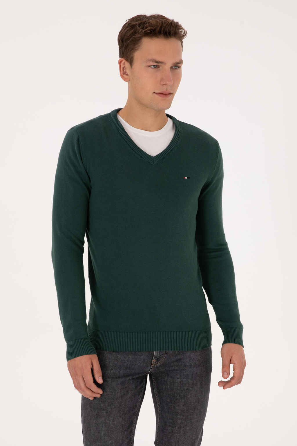 Erkek Slim Fit V Yaka Koyu Ye_il Basic Kazak - U.s. polo assn фото 3