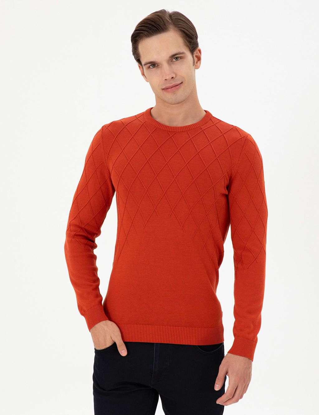 Erkek Slim Fit Bisiklet Yaka Kiremit Kazak