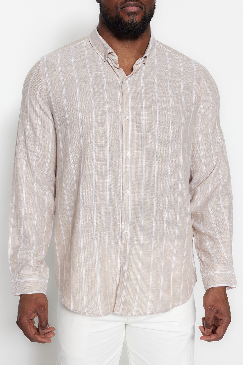 Tas Regular Fit Rahat Dugmeli Yaka Cizgili Buyuk Beden Gomlek TMNSS23GO00095 - Trendyolmilla фото 7