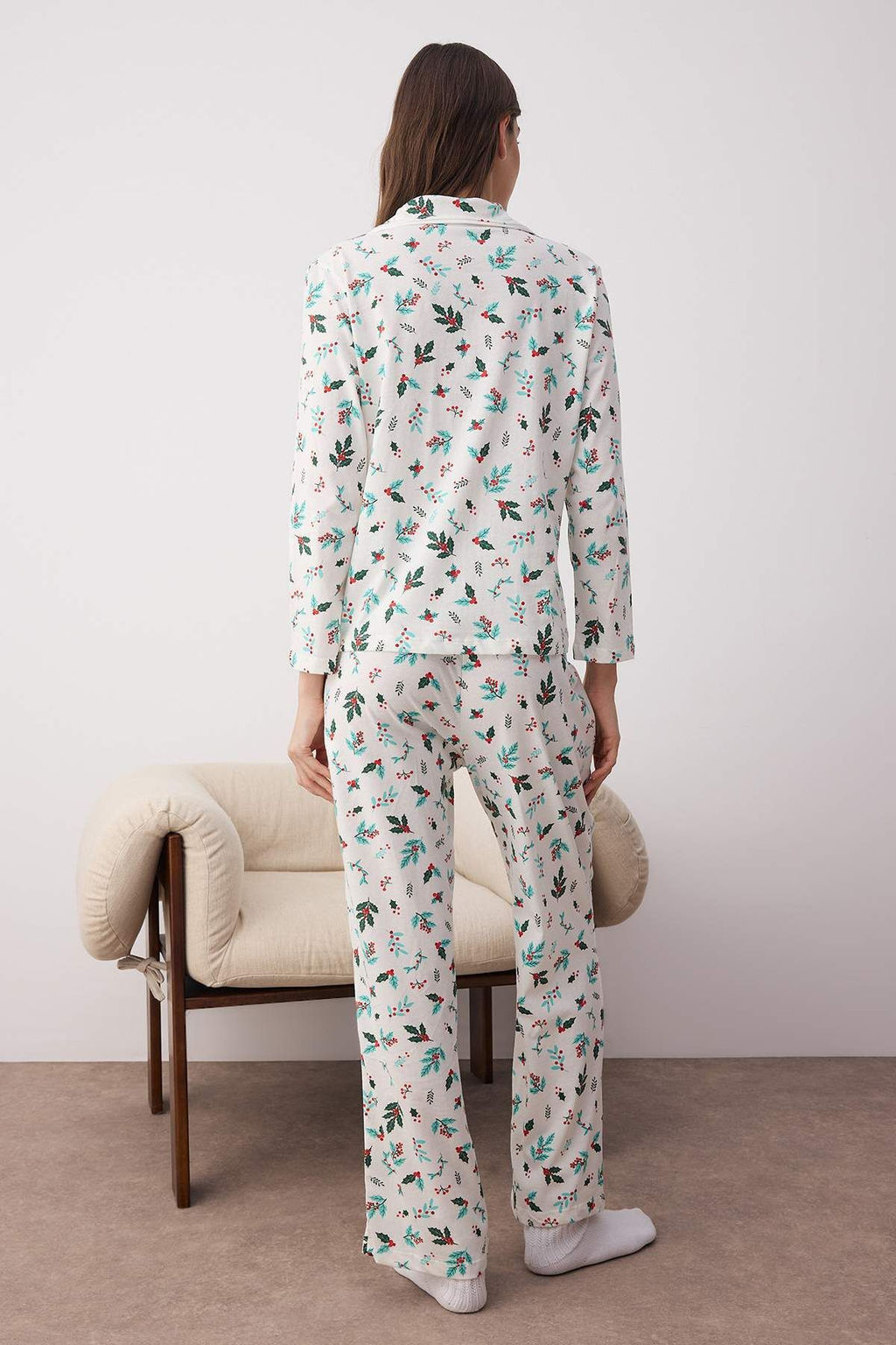 Ekru-Yesil %100 Pamuklu Cicekli Biyeli Orme Pijama Tak?m? THMAW26PT00058 - Trendyolmilla фото 4