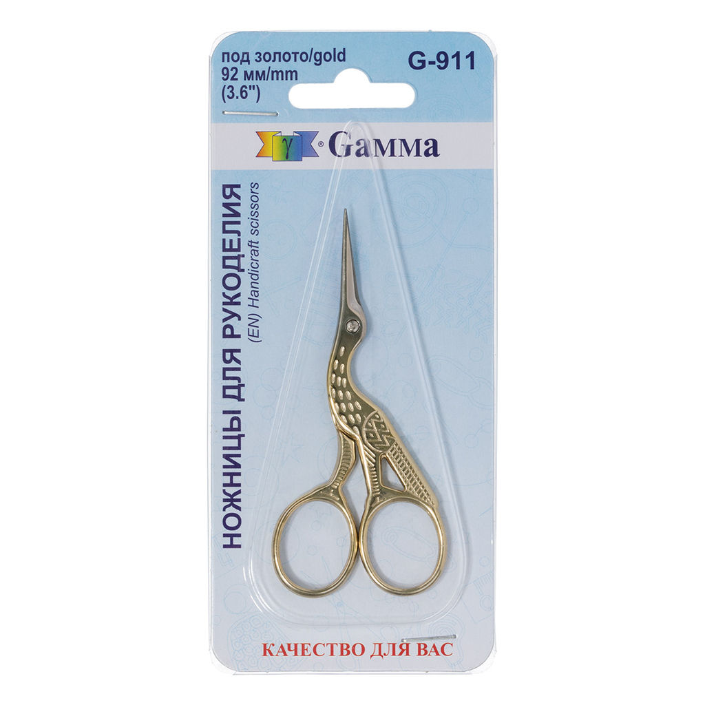 Ножницы Gamma G-911 для рукоделия Цапельки в блистере 92 мм под золото