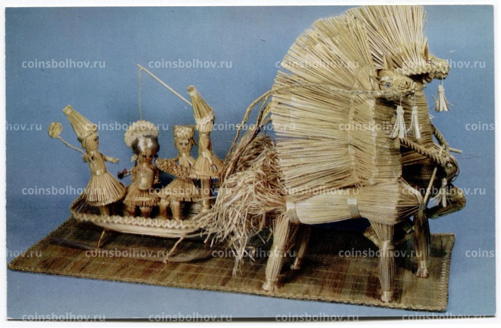 Открытка Е.Г. Артеменко Масленица (Тройка). Солома, хлопчатобумажная цветная и шерстяная нити