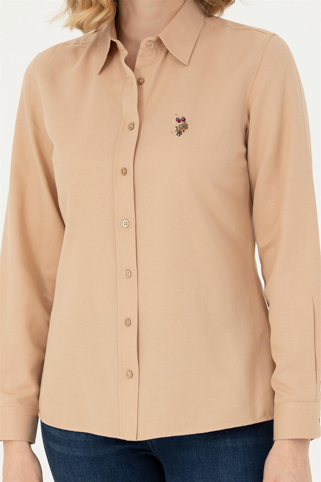 Женская базовая рубашка песочного цвета с длинным рукавом - U.s. polo assn фото 13
