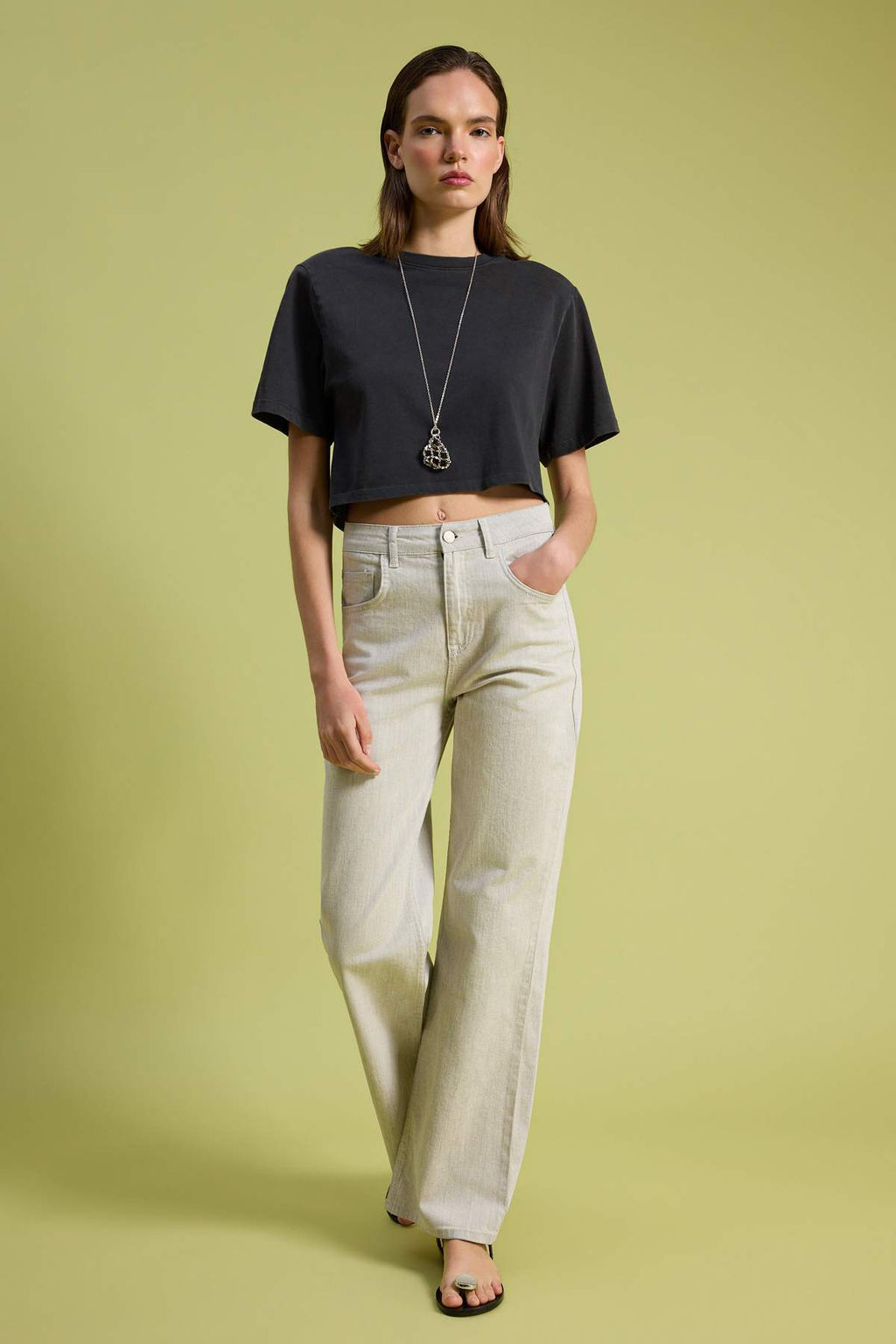 Ekru Yuksek Bel Wide Leg Genis Paca Dokulu Kumas Jeans TWOSS26JE00240 - Trendyolmilla фото 3