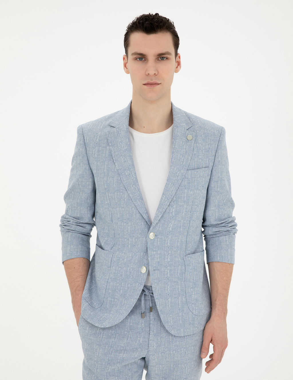 A__k Mavi Slim Fit Keten Kar___ml_ _izgili Tak_m Elbise