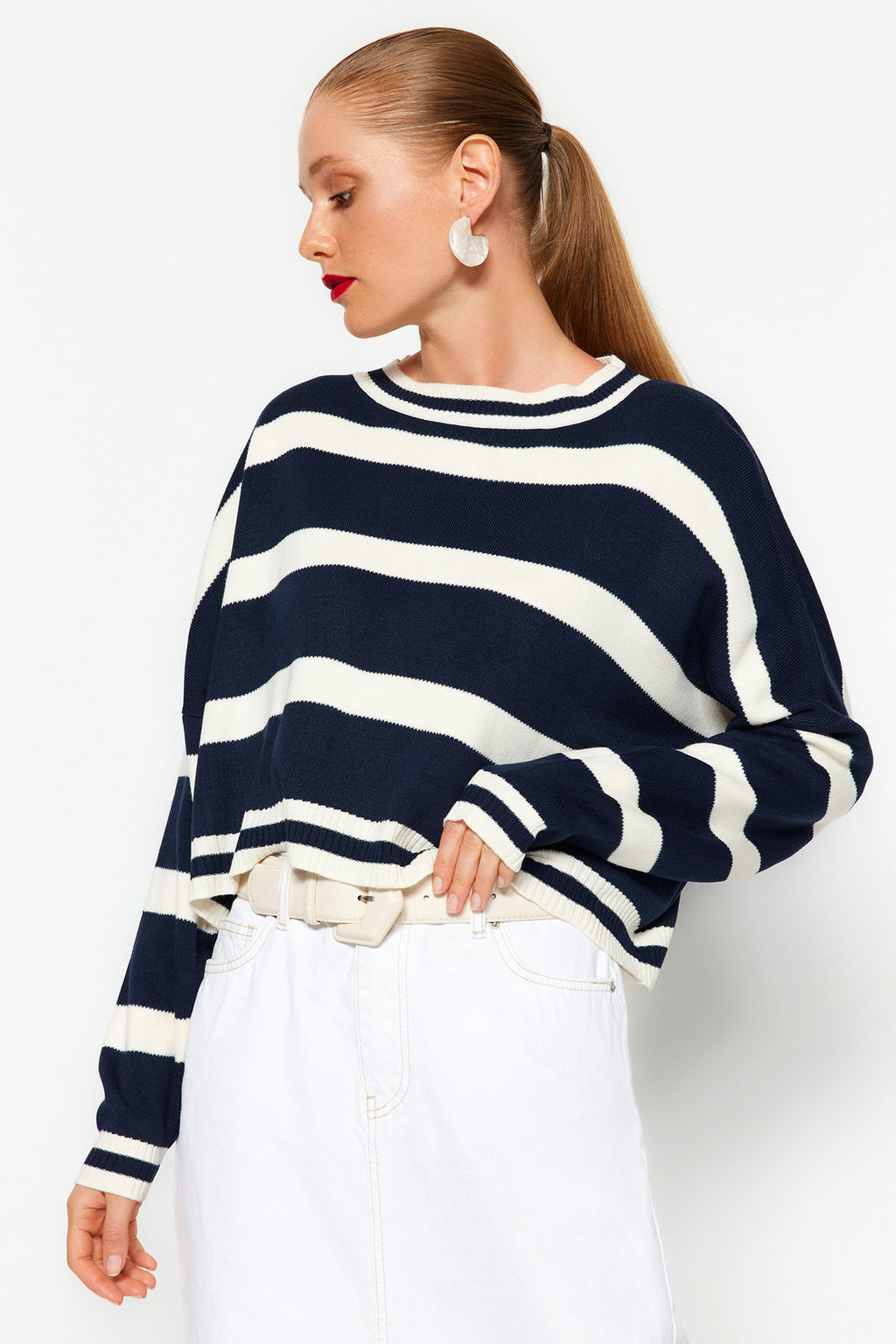 Lacivert Crop Cizgili Triko Kazak TWOAW23KZ00205