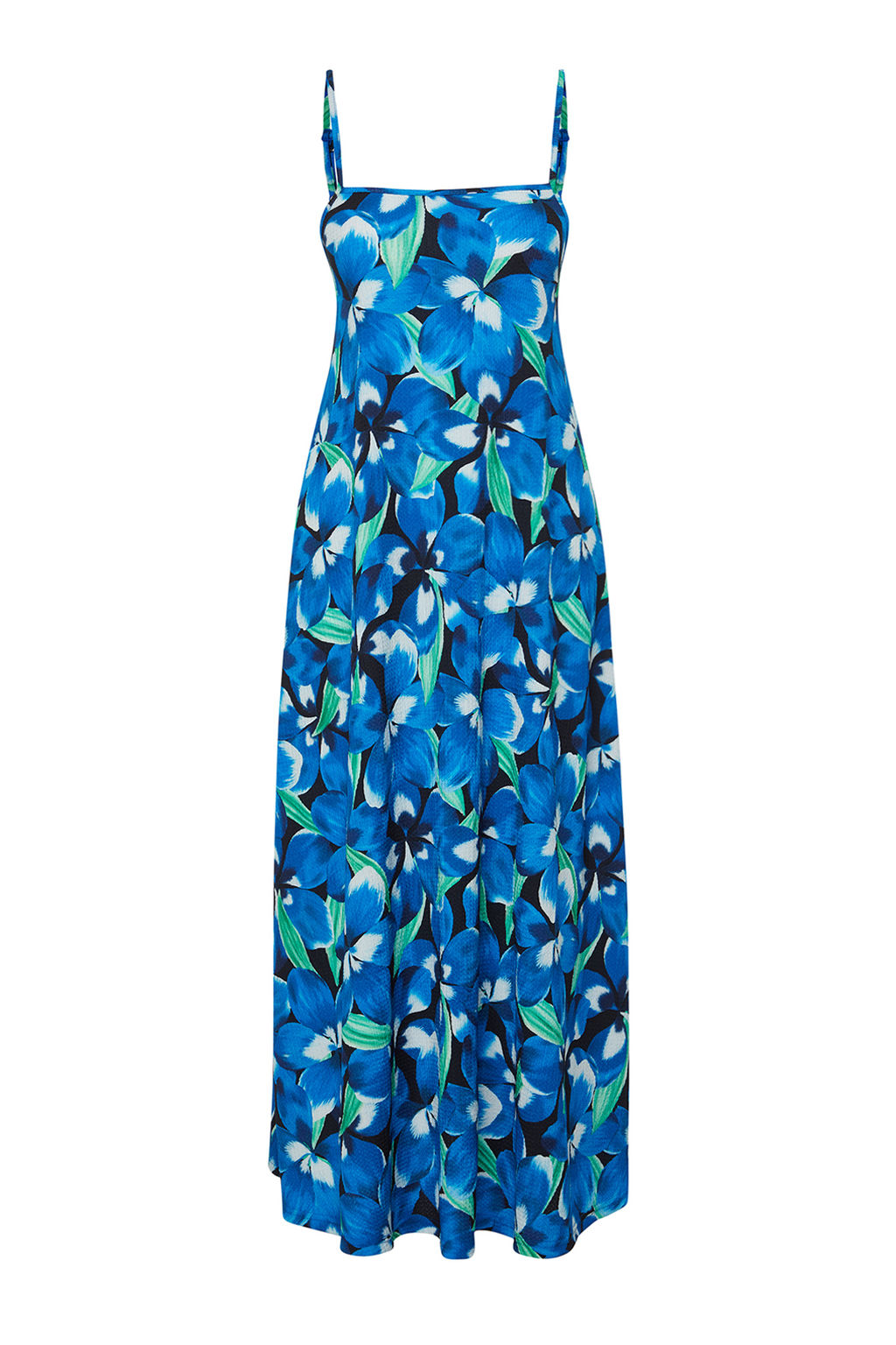 Mavi Bask?l? Ayarlanabilir Ask?l? Kare Yaka A-Line Burumcuk/Dokulu Orme Maxi Elbise TWOSS24EL00060