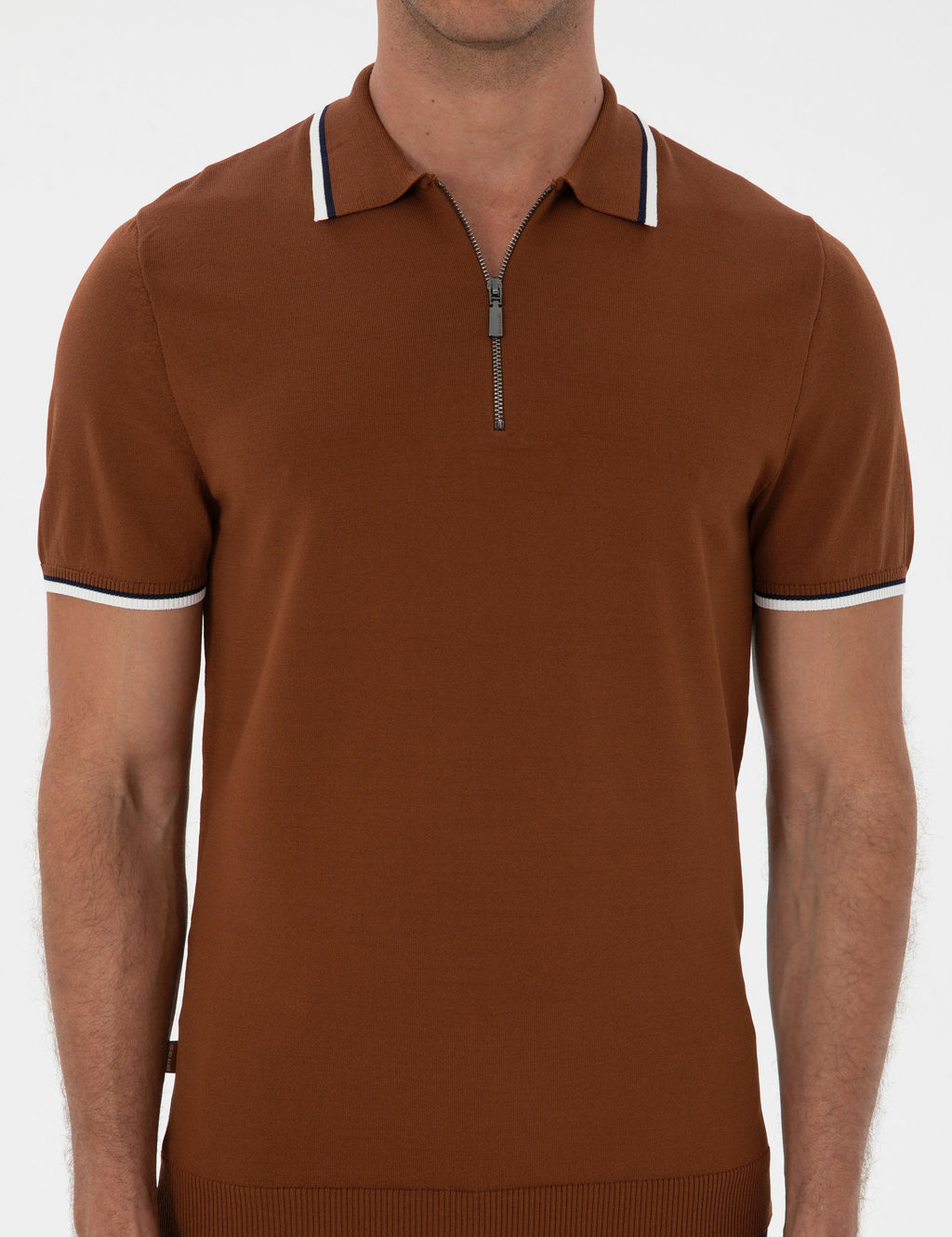 Kahverengi Slim Fit Polo Yaka Fermuarl_ Triko Kazak - Pierre cardin фото 6