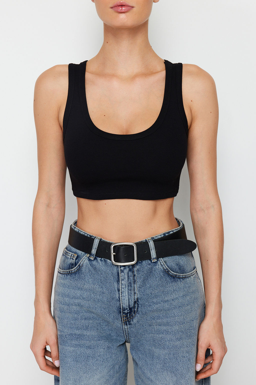 Siyah Ask?l? Super Crop Fitilli Esnek Orme Atlet TWOSS24AL00023