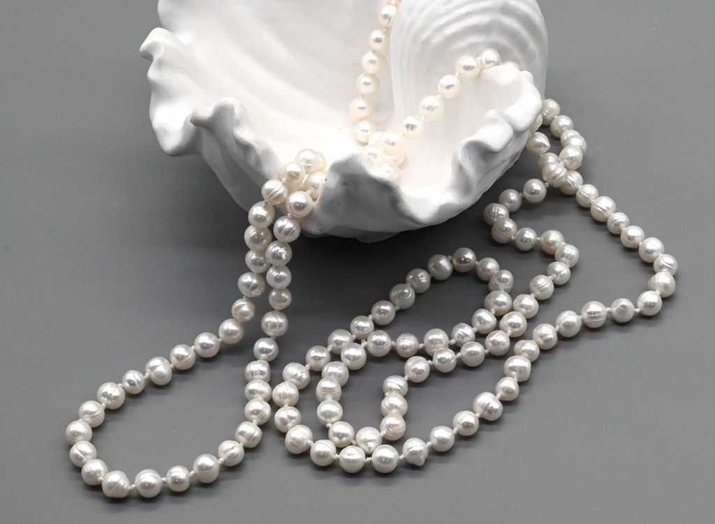 Бусы длинные из жемчуга шарик 7мм цвет белый, 110см