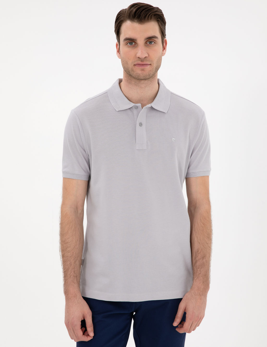 A__k Gri Slim Fit %100 Pamuk K_vr_lmaz Polo Yaka Basic Ti__rt