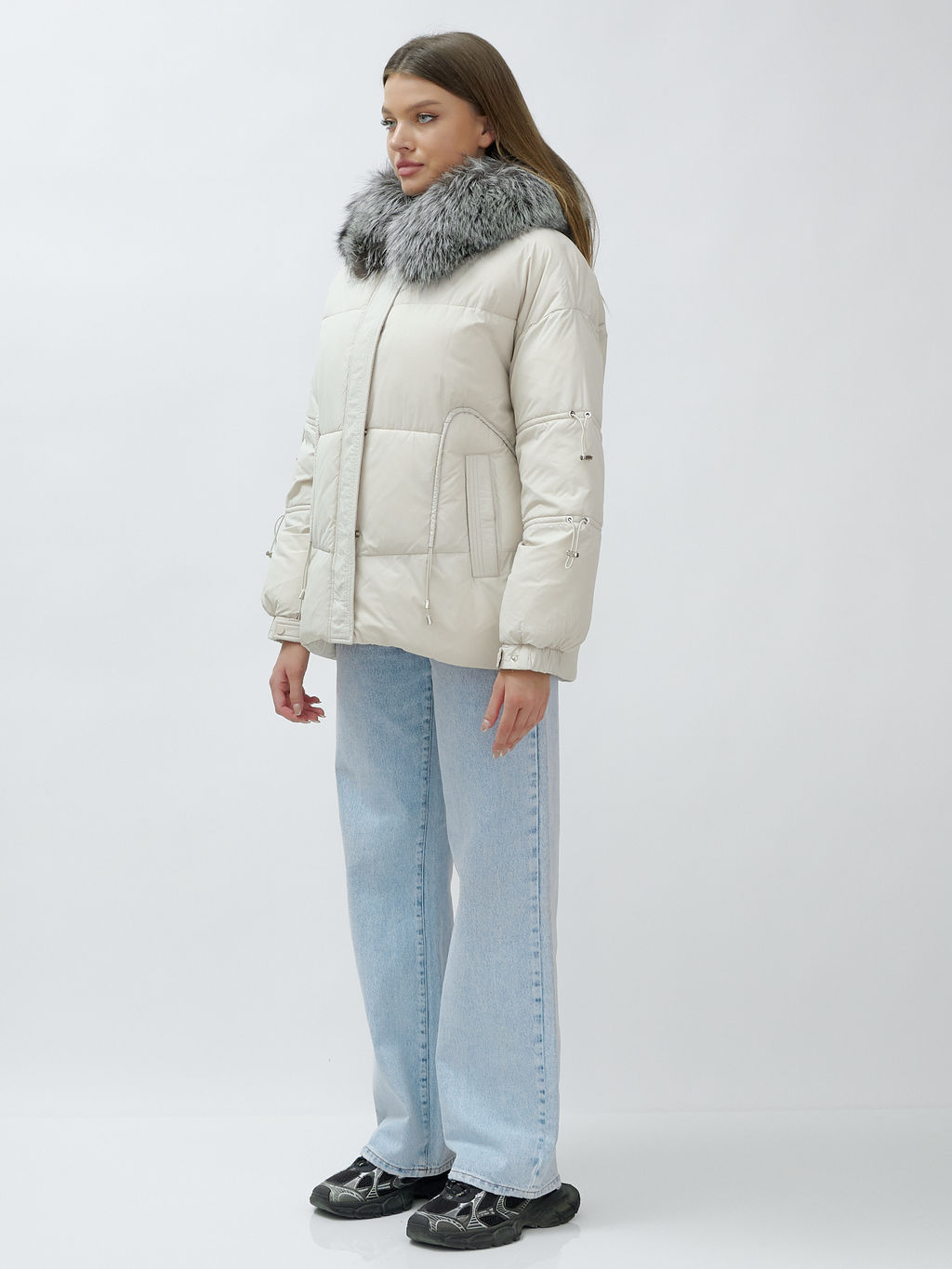 с чернобуркой ПРЕМИУМ класса Полупальто куртка зимняя коричневого цвета  бежевого цвета - Mtforce фото 18