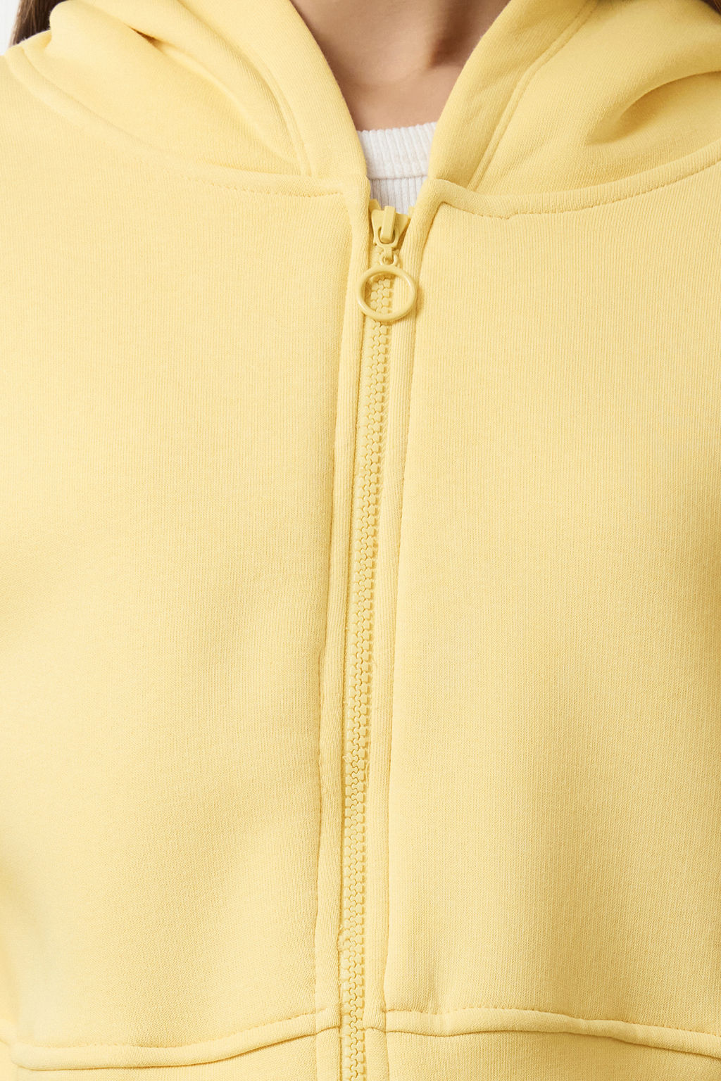 Ac?k Sar? Fermuarl? Kapusonlu Rahat Kesim Crop Kal?n Ici Polarl? Orme Sweatshirt TWOAW20SW0660