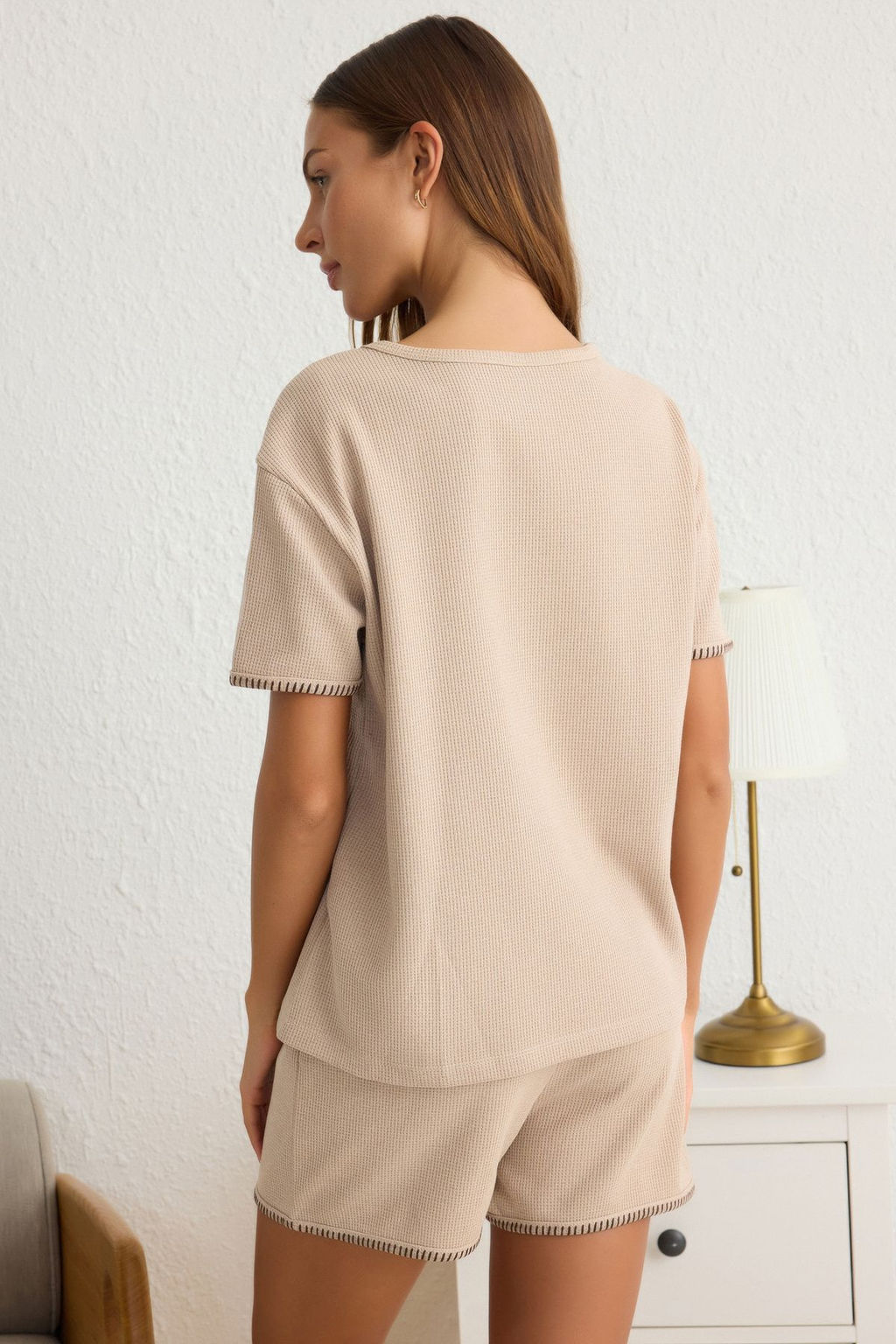 Trendyolmilla Bej Karyoka Dikis Detayl? Waffle Kumas Sortlu Orme Pijama Tak?m? THMSS25PT00157  фото 5