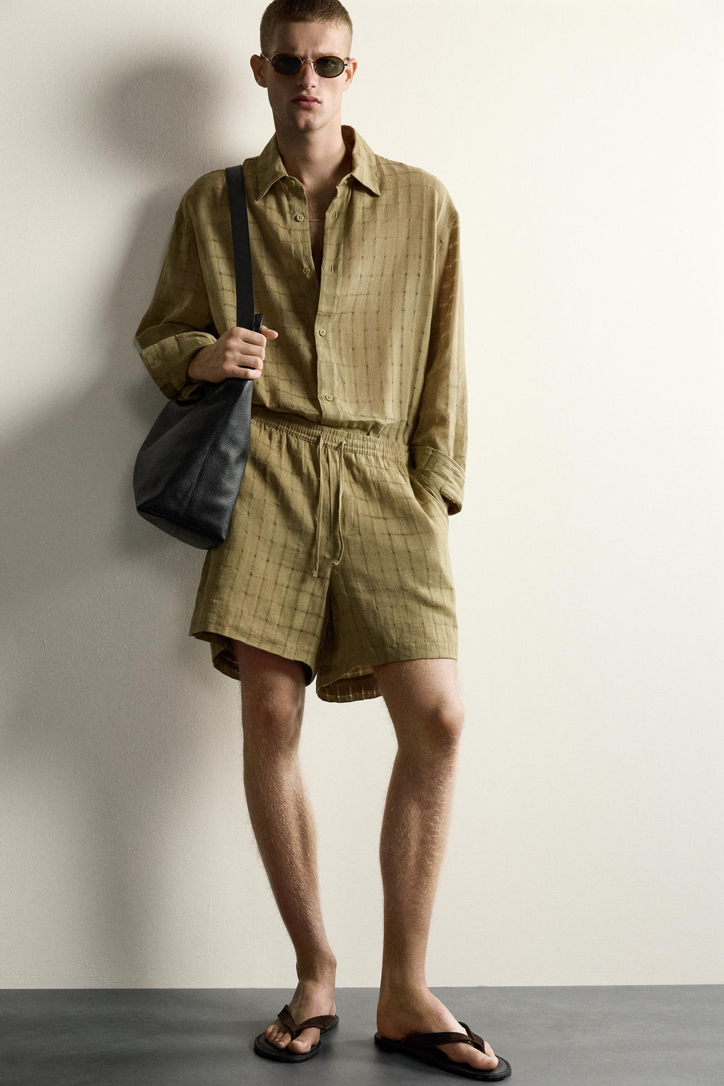 CAMISA RELAXED FIT JACQUARD CUADROS LINO - ALGOD?N / Khaki claro - Zara фото 6