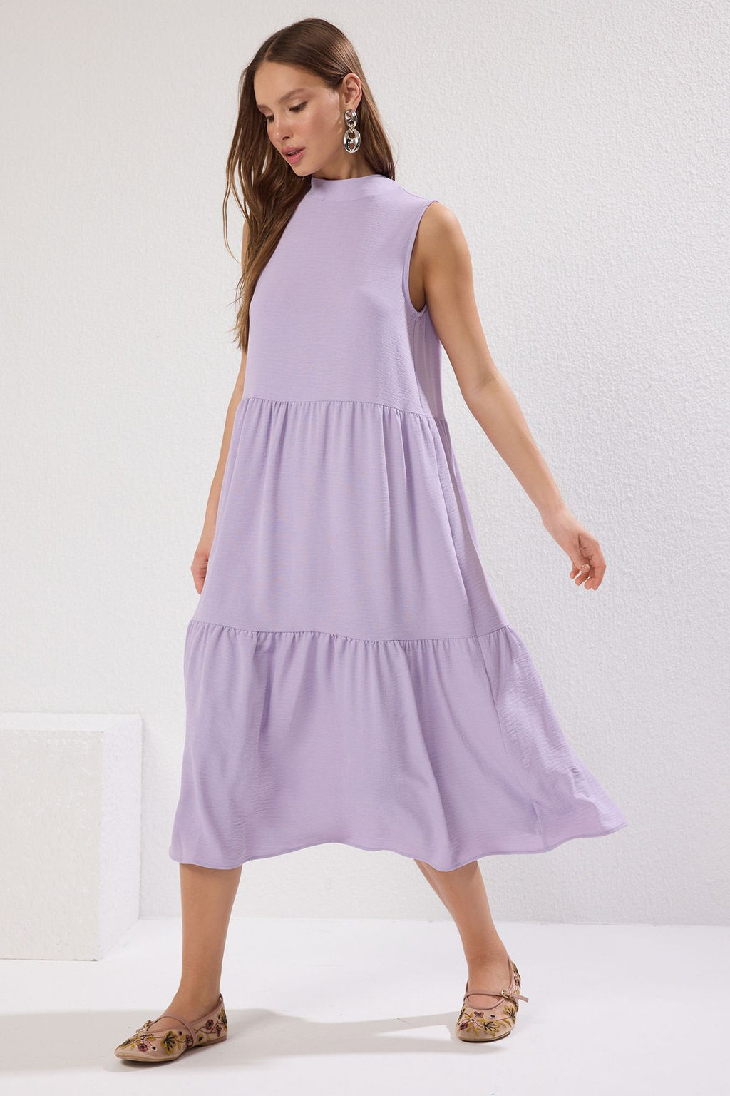 TRENDYOLMILLA Kahverengi Shift/Duz Kesim Dik Yaka Midi Dokuma Elbise TWOSS20EL1864 фото 20