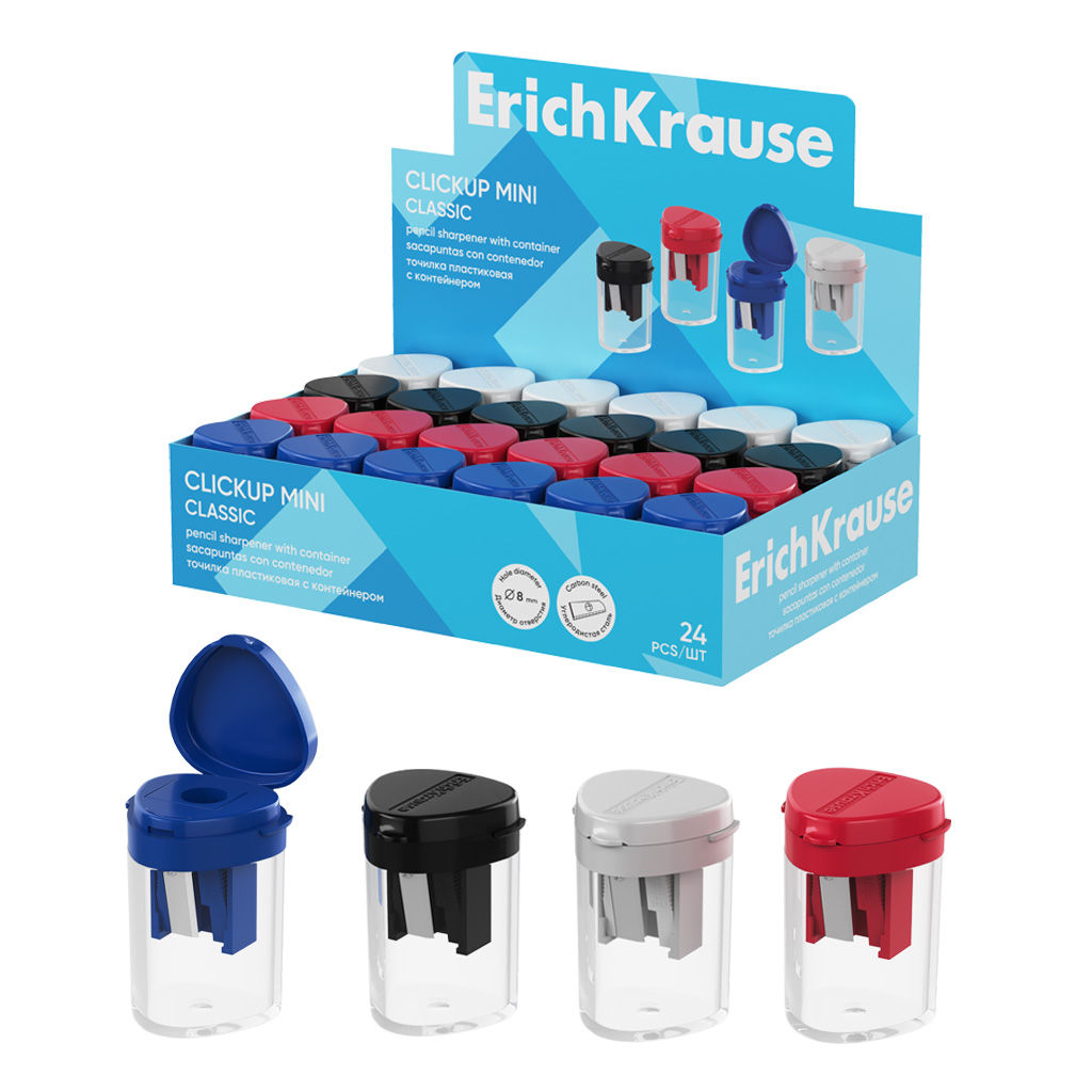 Цена за 24 шт. Точилка пластиковая ErichKrause ClickUp Mini, Classic, с прозрачным контейнером, ассорти (в коробке-дисплее по 24 шт)