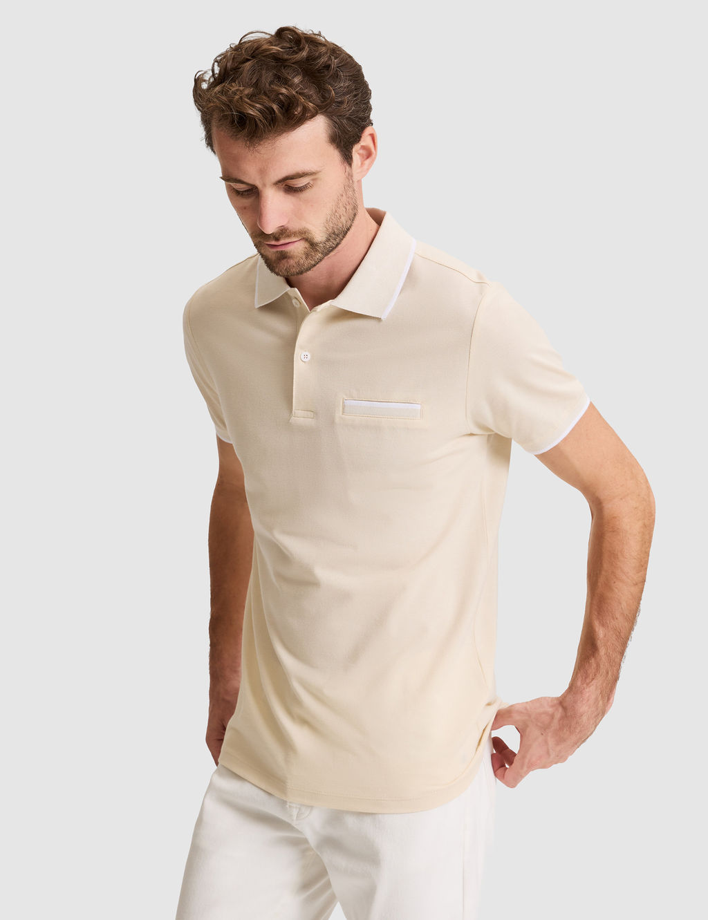 Bej Slim Fit %100 Pamuk D__meli Polo Yaka Ti__rt