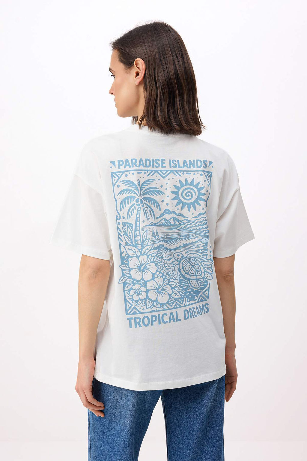 Ekru Bask?l? Oversize/Genis Kal?p Dusuk Kol K?sa Kollu Tok %100 Pamuk Orme T-Shirt TWOSS26TS00160 - Trendyolmilla фото 4